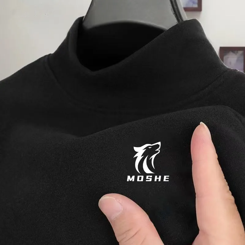 New Semi High Neck Solid Color Base Shirt for Men, Double-sided German Velvet Long Sleeved Autumn and Winter Warm Top T-shirt