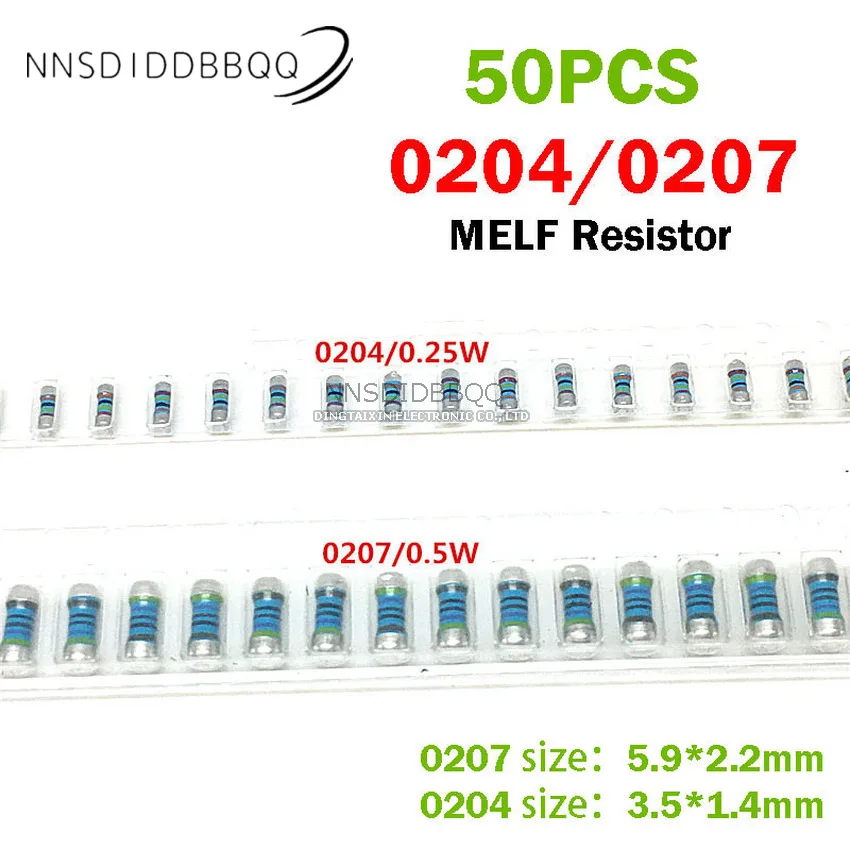 

50 шт. SMD MELF резистор 0204/0207 1R 1.5R 15R 10K 100K 10R 100R Цилиндрический металлический пленочный прецизионный резистор
