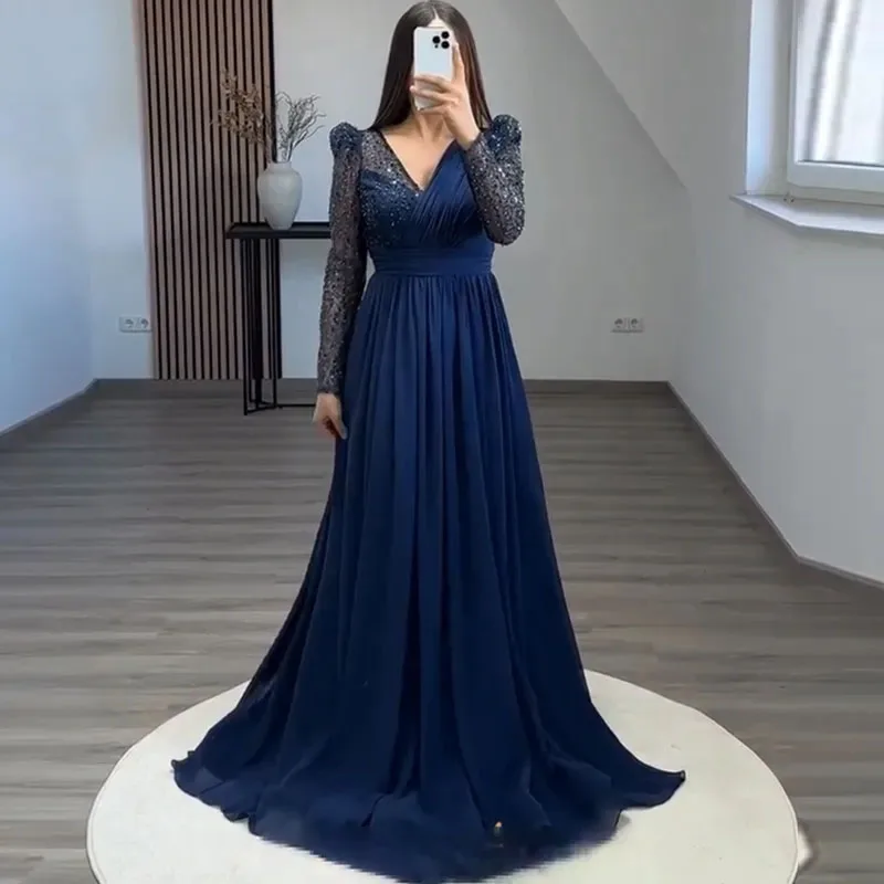 

WEIYIN Navy Blue A-Line Chiffon Formal Occasion Dresses Glitter Sequin Long Sleeves V-Neck Evening Gowns Vestidos De Fiesta
