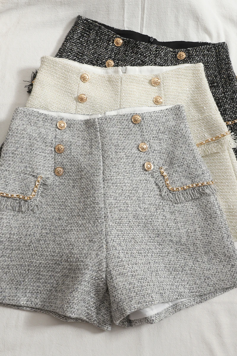 Korean-Style Women's Double-Breasted High Waist Shorts 2023 Autumn Easy Matching Elegant Slimming Straight Tweed Shorts Trendy