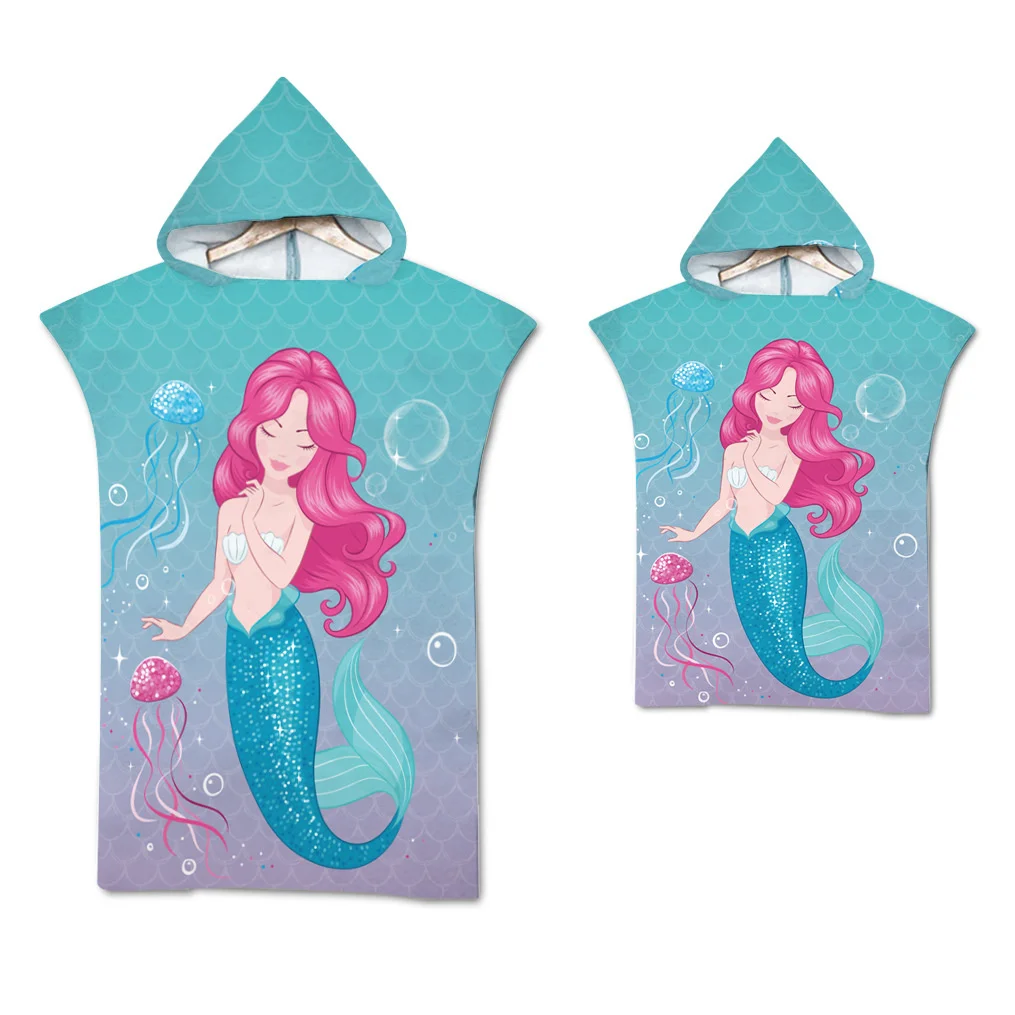 Mermaid Microfiber Quick Dry Large Beach Bath Towel Hooded Cloak Wetsuit Adult Kids Parent-Child Poncho Bathrobe for Swim Surf