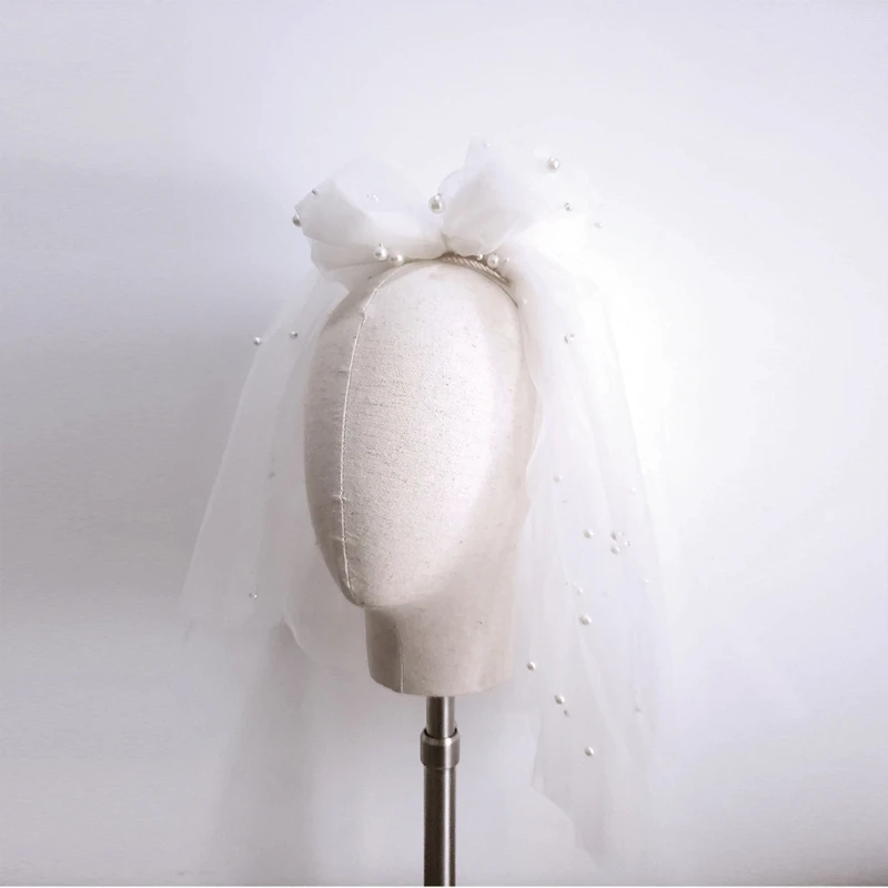 Фата свадебная двухслойная с расческой Тюлевая бантом и жемчужинами украшение