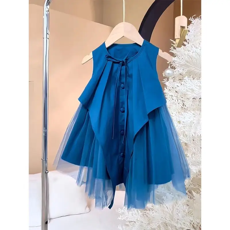 فساتين صيفية للأطفال موديل 2025 بدون أكمام غير منتظمة للفتيات فستان الأميرة الشبكي المرقعة ملابس أطفال ملابس أطفال 4 5 6 7 8 9