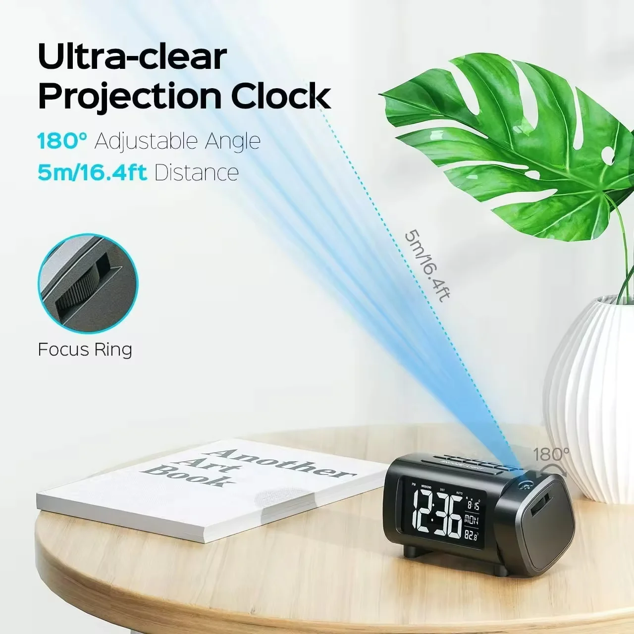 180° Projection Alarm Clock Radio Function Snooze Mode Electronic Digital Alarm Clock USB Charging Bedroom Bedside Table Clock 2