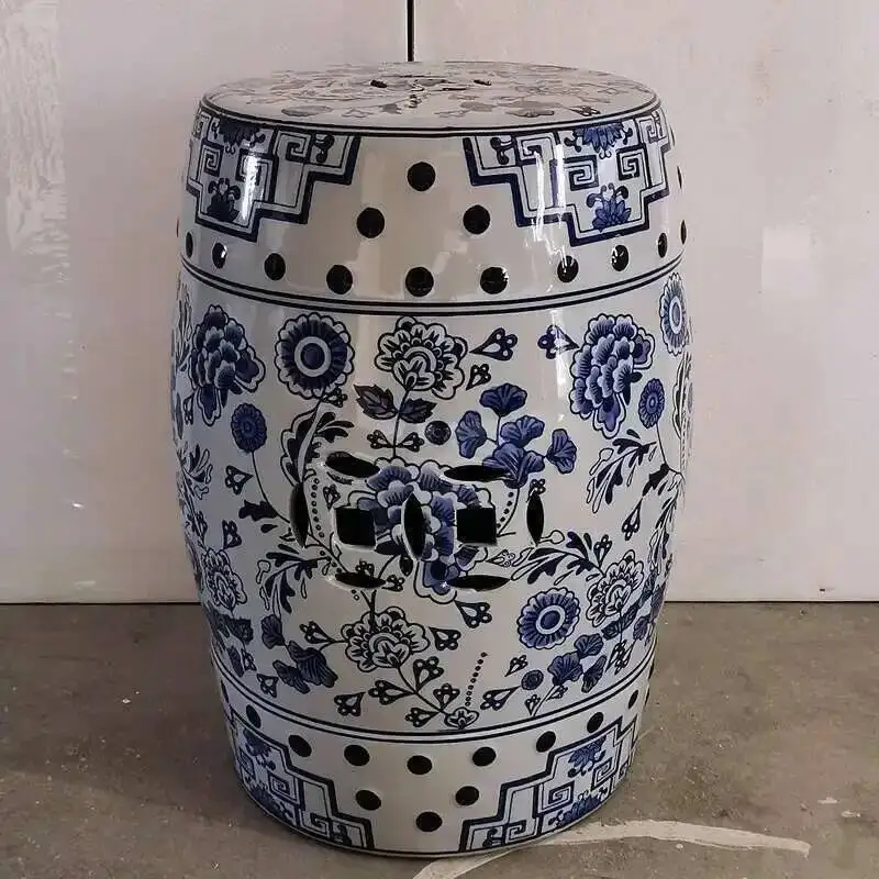 White Porcelain and Drawn Blue Shoe Hand Changing Stool Ceramic Drum Bathroom Neoclassical Imitation Sitting Stool Low Round
