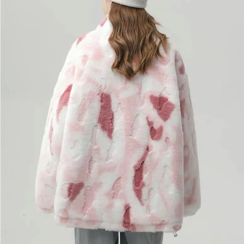 Lamb Wool Jacket Women Vintage Autumn Winter Faux Fur Jacket Streetwear Tie-dye Zipper Parkas Oversized Warm Korean Coat New