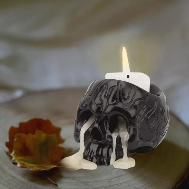 Creative Black Skull Candlestick Halloween Decorative Candlestick Home Skeleton Candlestick Resin Ornament Halloween Decoration