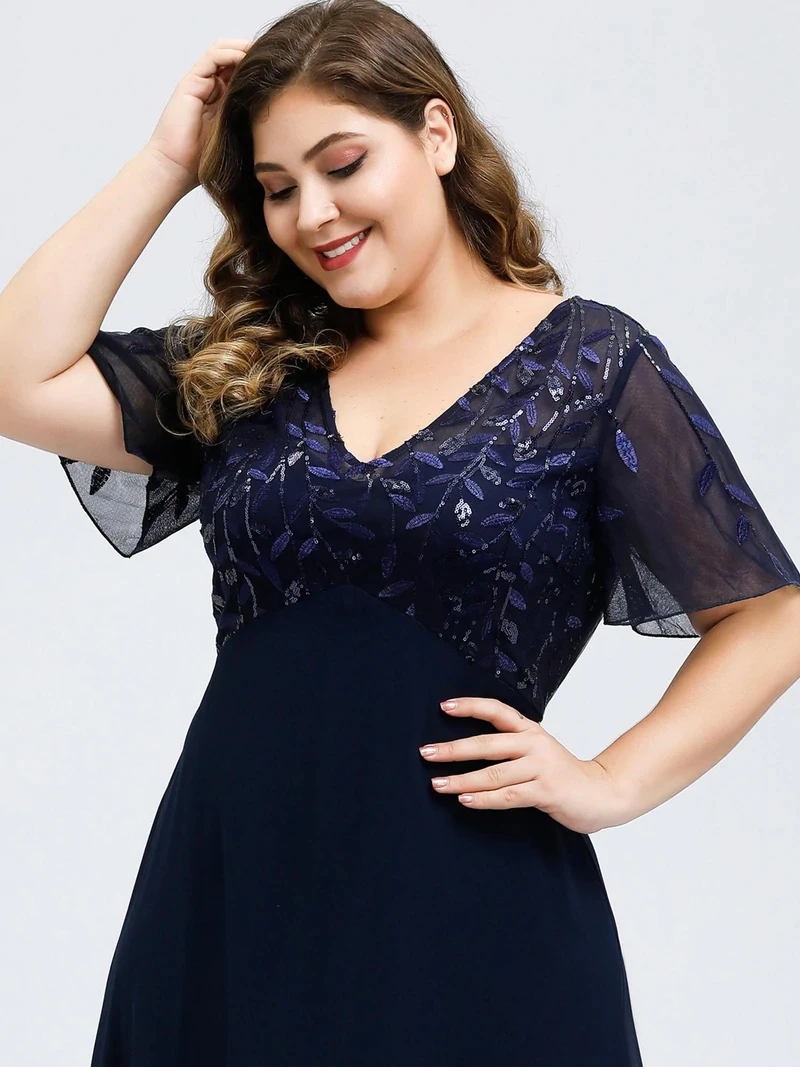 Plus Size Evening Dresses A-line Short Sleeve V-Neck Floral Lace Sequin  Print 2024 Ever Pretty of Chiffon Elegant Prom Gown