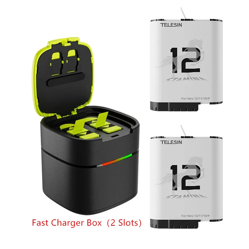 TELESIN Caricabatteria Triplo + 2 Batterie 1750mAh Per GoPro Hero 12/11/10/9 | Ricarica Rapida USB-C E Custodia Per Schede TF