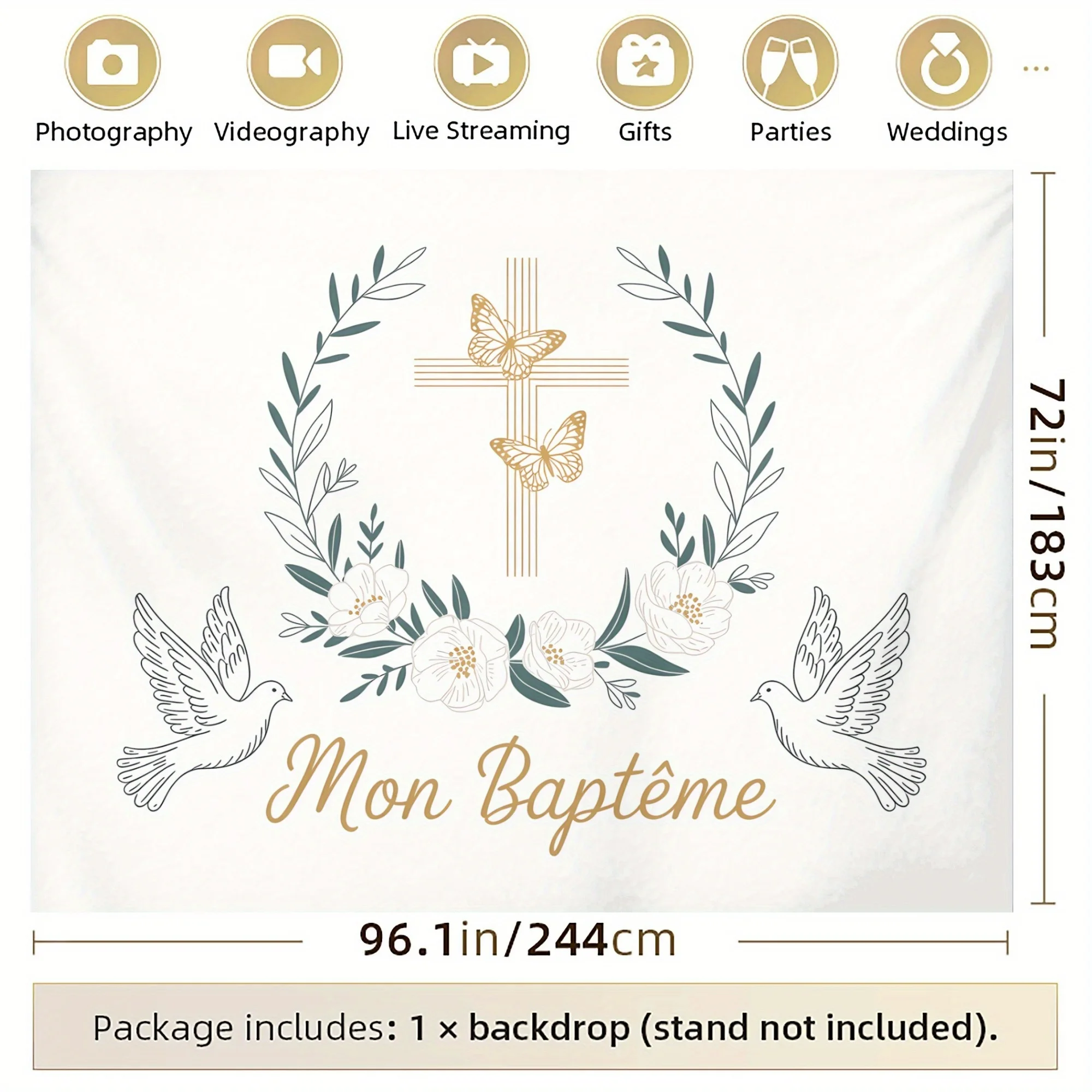 Ein französischer „Mon Baptême“ Taufhintergrund-Banner im Schmetterlings- und Blumenkranz-Design aus Polyestergewebe – Detail 6