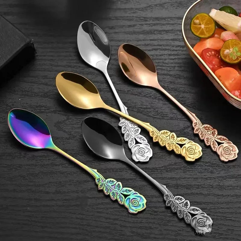Stainless Steel Spoon Stainless Steel Fork Tea Spoon Rose Flower Head Stainless Steel Coffee Spoon Fruit Dessert Fork Mixing Sppons for Kitchen Hotel