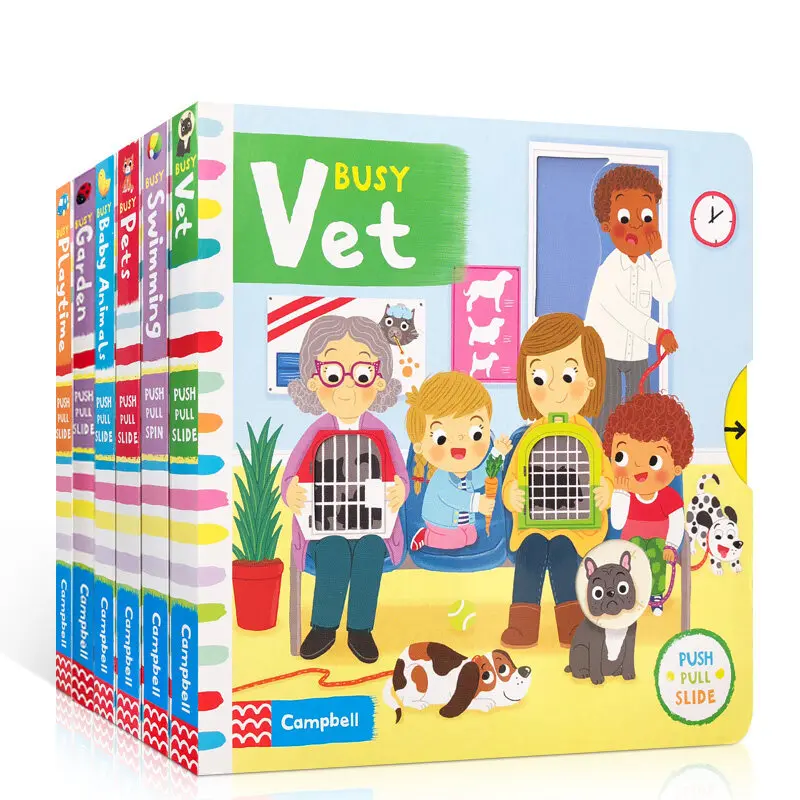 

Milu Original English Picture Book Busy 6Pcs Board Swimming/vet/garden/playtime/baby AnimAls Agency Operation