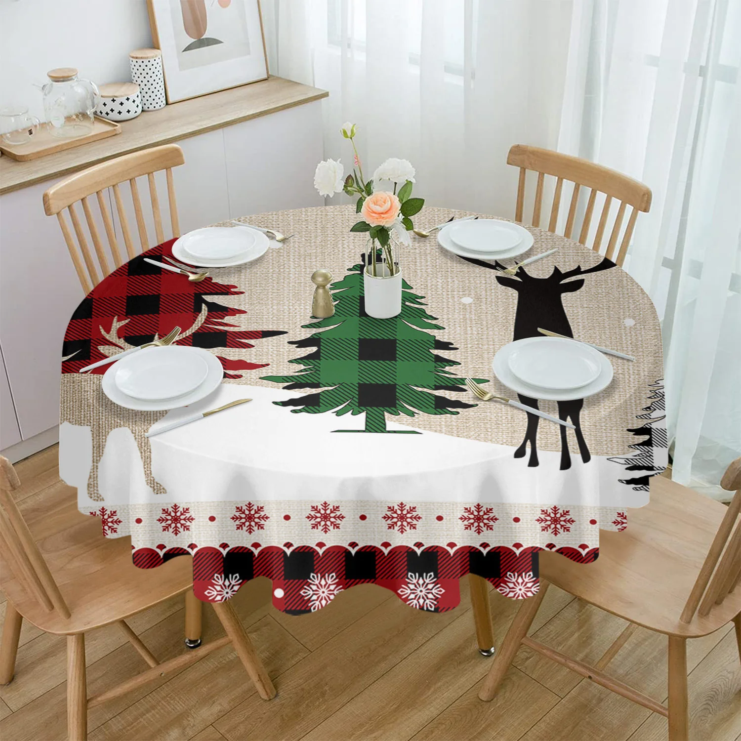 

Christmas Snowflake Elk Round Tablecloth Waterproof Wedding Party Table Cover Christmas Dining Table Tablecloth