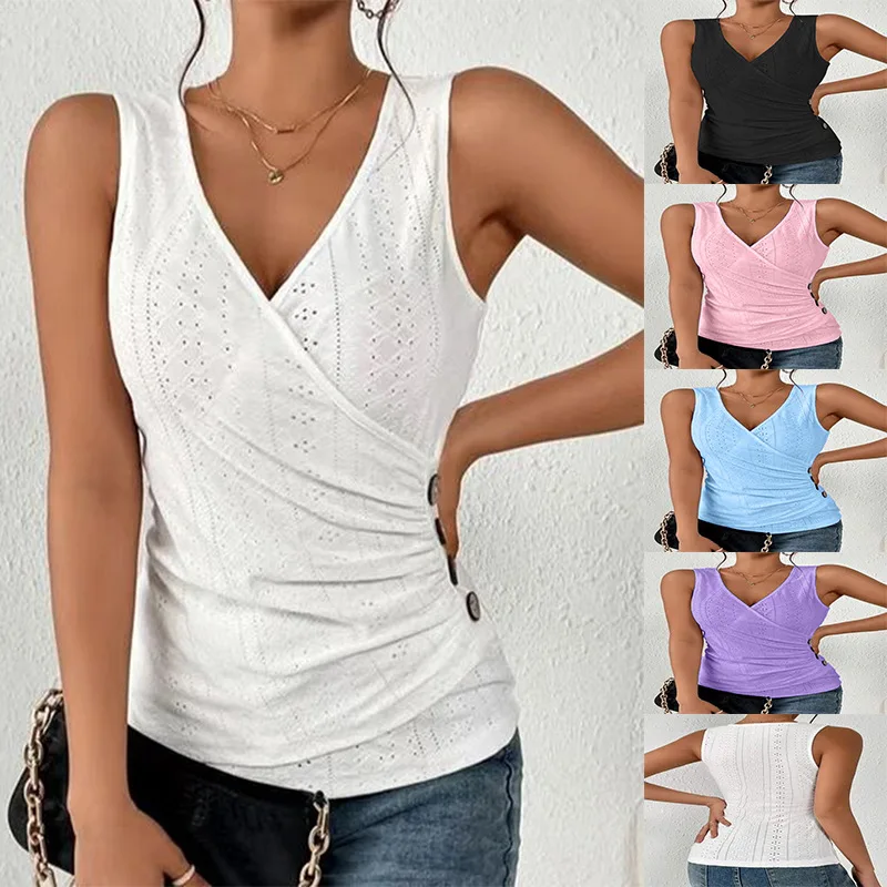 

2023 New Hollow Solid Top Women's Sexy Slim Fit Solid V-Neck Sleeveless Shirt Spring Summer Women's T-shirt