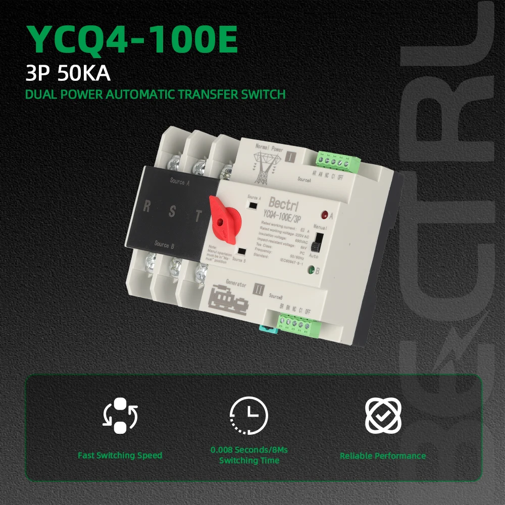 thumbnail image 2 of Interruptor De Transferencia CNC YCQ4-100E/3P Dual Power Automatic Transfer Switch (ATS) - 63A/100A, 220V, 3 Pole, DIN Rail Mount 220v Transfer Switch 2 of 12
