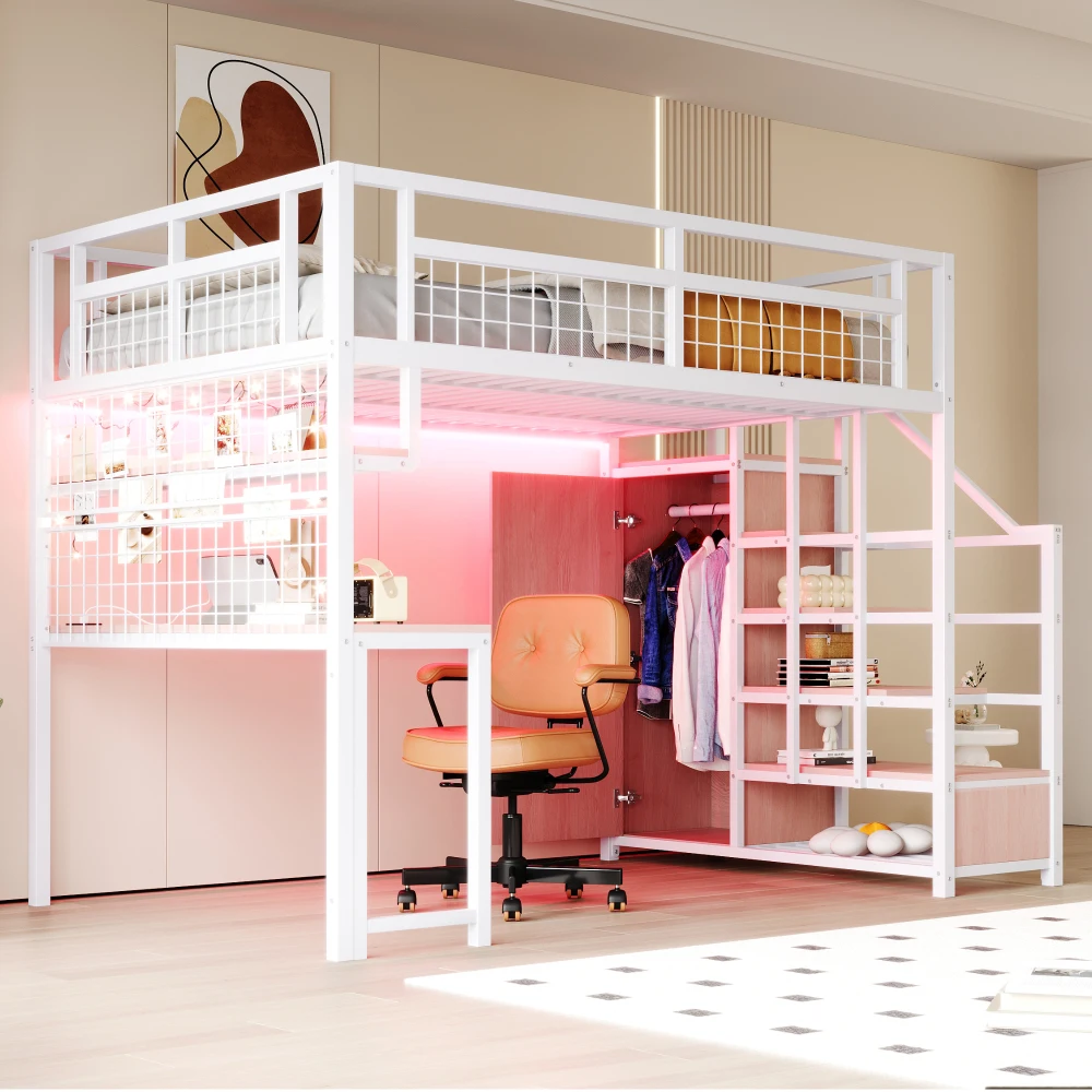 Metall-Hochbett 140×200cm, Multifunktionales Jugendbett mit Stauraumleiter & Kleiderschrank, Schreibtisch, Regal, Netzgitter, LED-Streifen & Steckdose – Detail 18