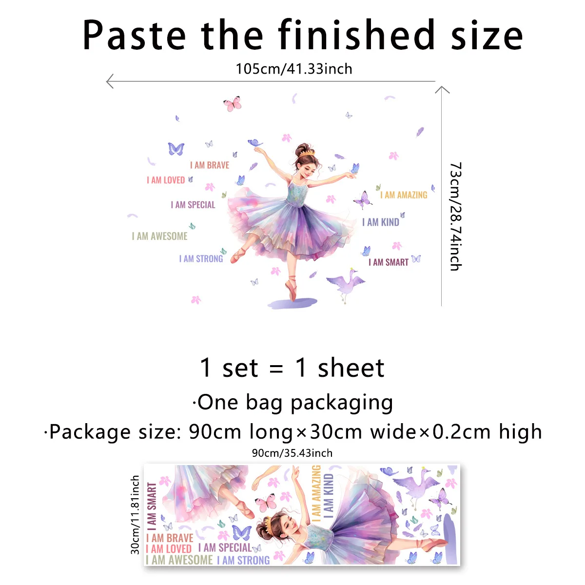 Luminous Wall Stickers Wall Stickers Vinyl Decal Stickers Ballet Dancer Girl Wall Decal Colorful Butterfly Theme Stickers for Girls Room Nursery Princess Room Decoration Self-Adhesive