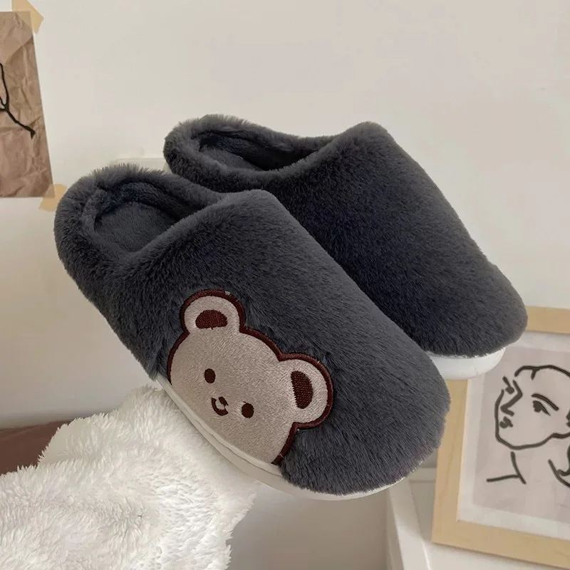Crestar Fashion Fluffy Winter Warm Slippers For Women Men Cute Cartoon Bear Pattern Winter Indoors Lovers Slippers Home Shoes