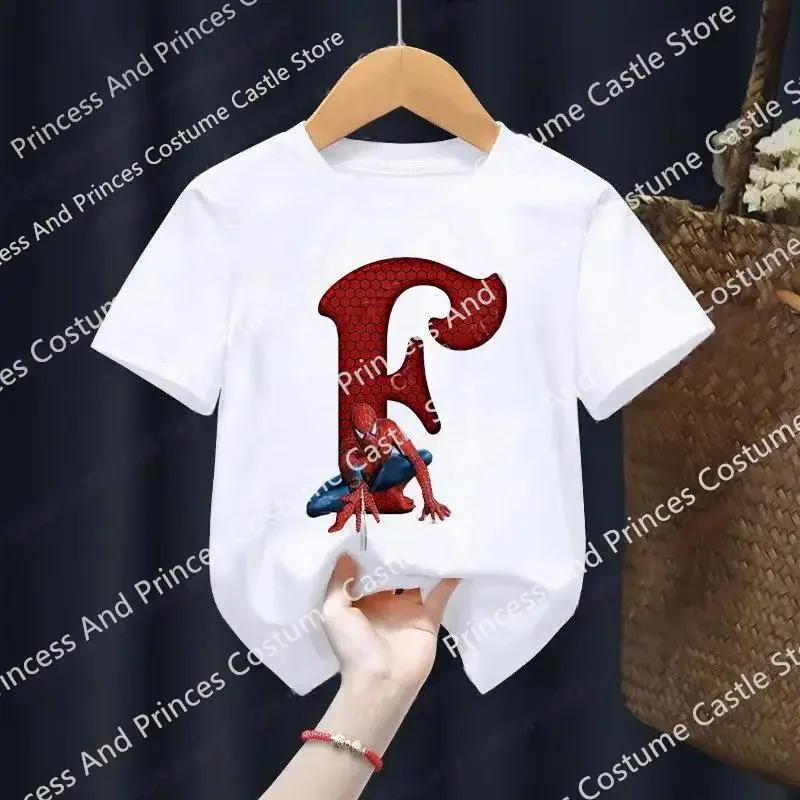 thumbnail image 1 of Camiseta de algodón para niños, niña y niño, Marvels, SpiderMan, letras de la A a la Z, ropa de dibujos animados Kawaii, camisetas para niños, camisetas casuales de moda para bebés pequeños, 1 of 5