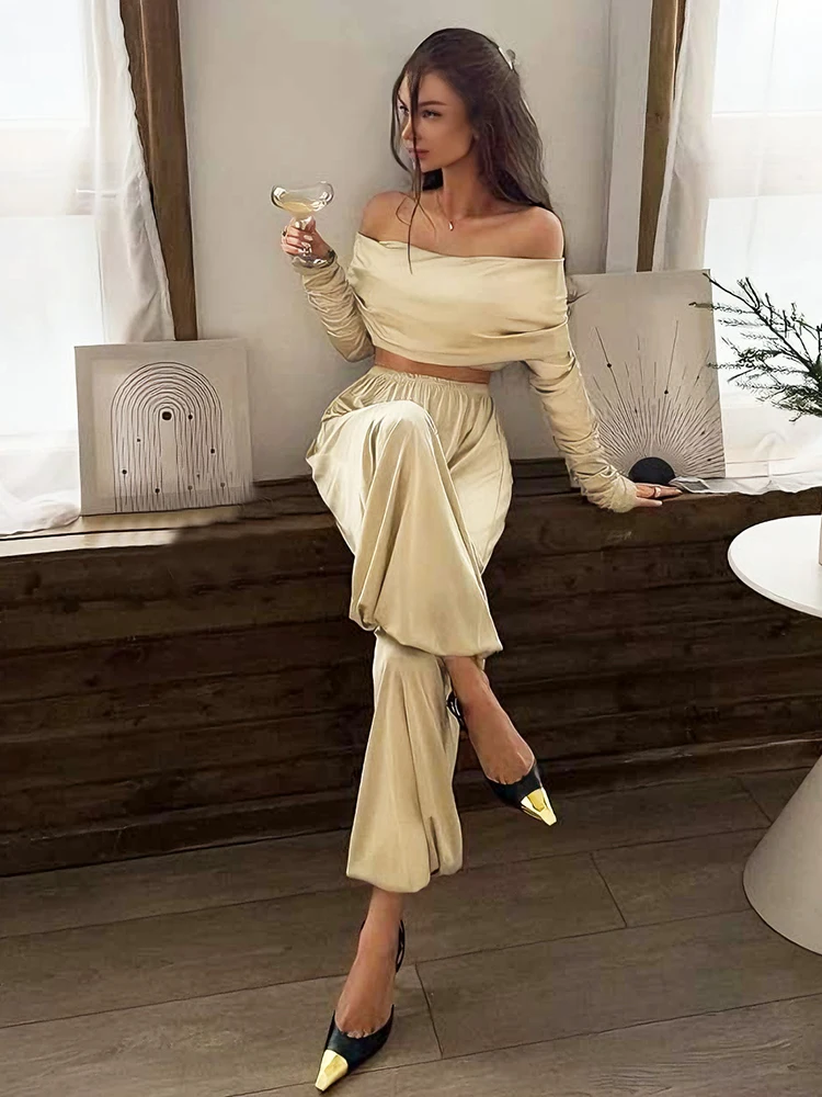 Nibber Fashion 2-Piece Set Women Slash Neck Folds Full Sleeve Crop Tops+Elastic Waist Pants Casual Solid Commute Elegant Suits