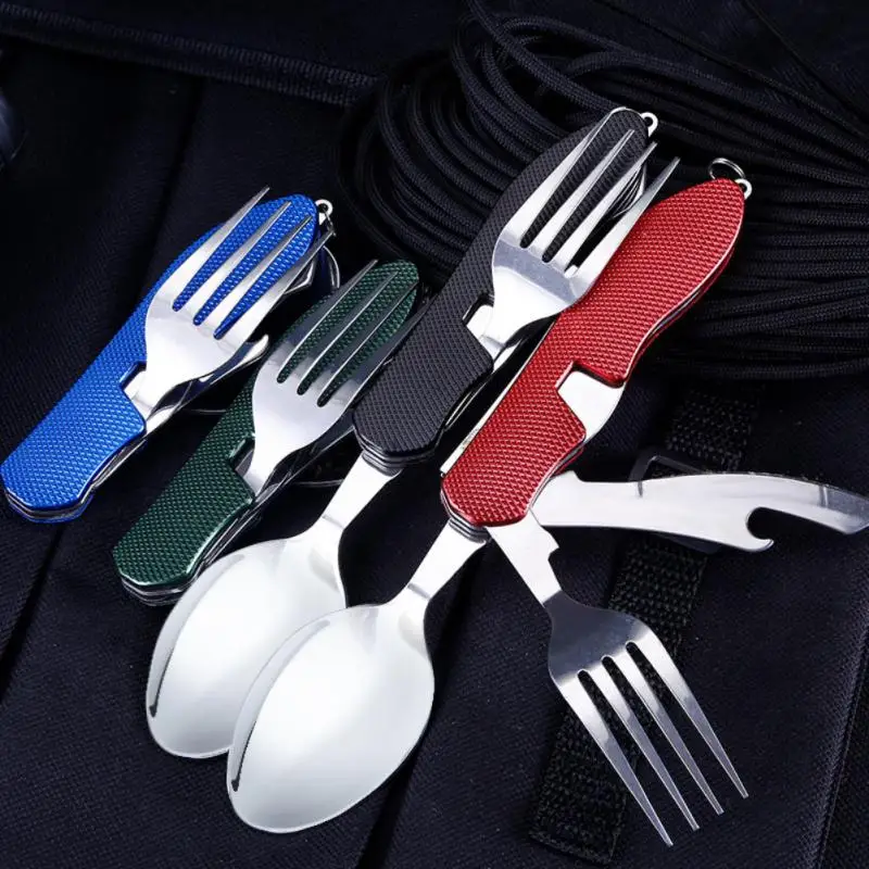 4 In 1 Detachable Camping Utensils Cutlery Set Stainless Steel Travel Dinnerware Set Foldable Knife Fork Spoon Bottle Opener