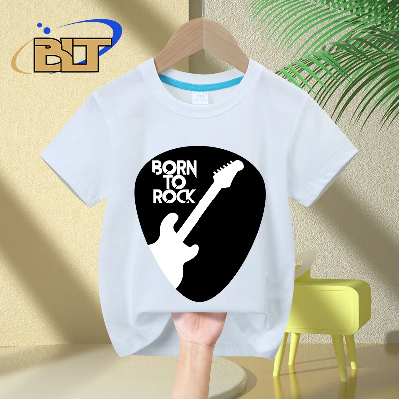 Guitar Born To Rock Printed Kids T-Shirt Summer Children's Cotton Short-Sleeved Casual Tops Boys and Girls Gifts 5