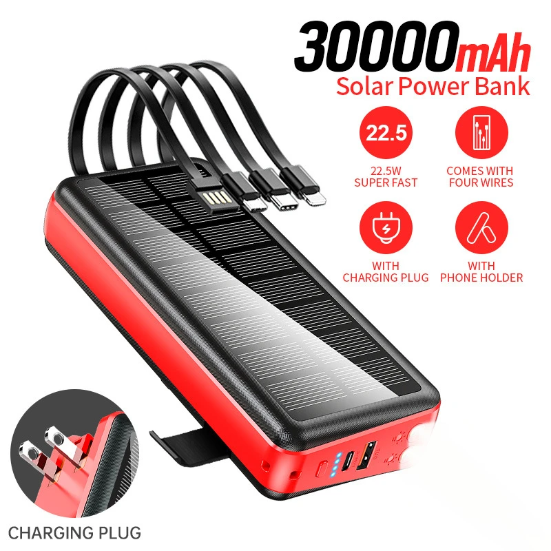 

30000mAh Solar Power Bank 22.5W Fast Charger for iPhone Samsung Xiaomi Portable Solar Charger with Mobile Phone Holder Powerbank