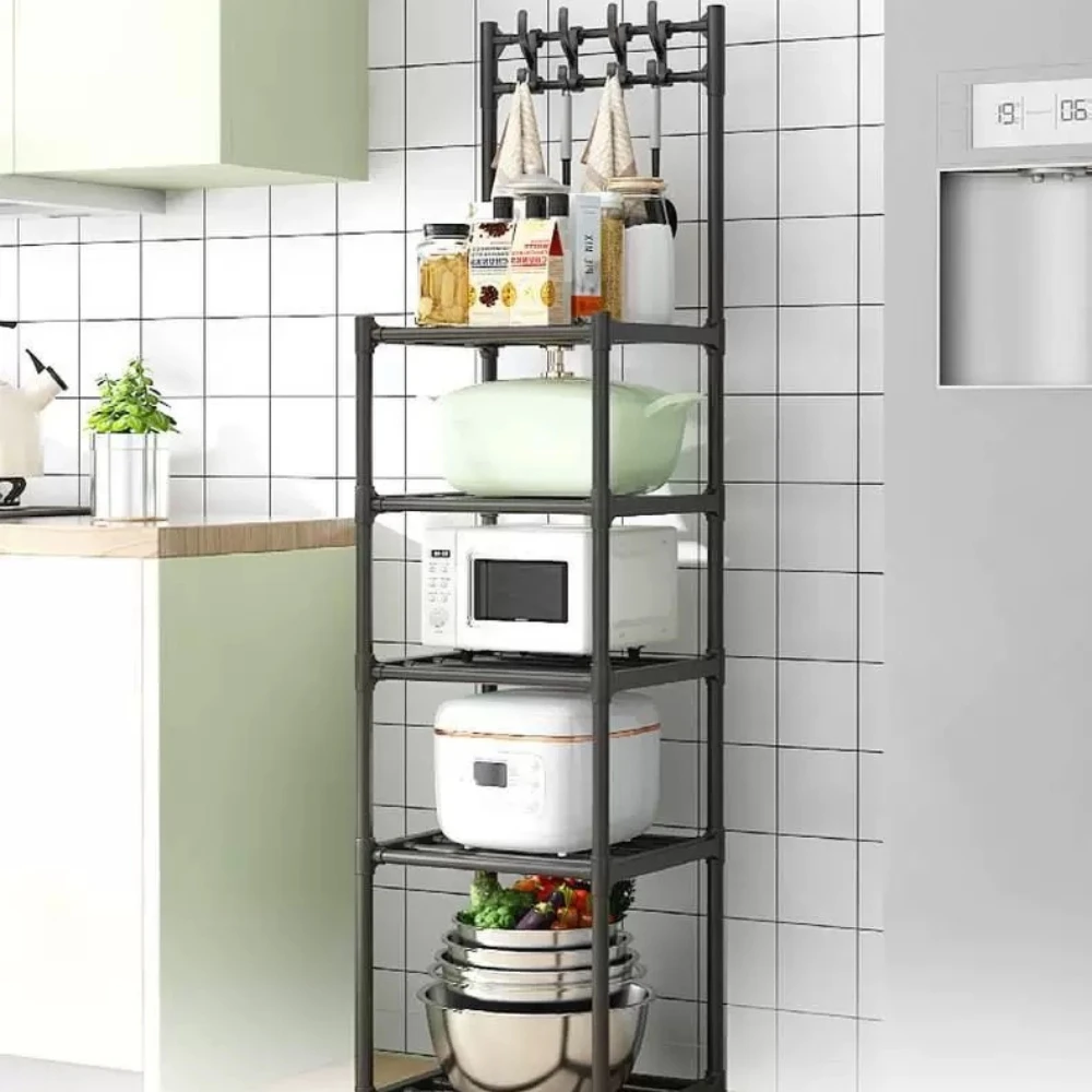 Kitchen Storage Rack Floor Standing with Pulley Kitchen Microwave Organizer Multilayer Home Oven Rack with Hook Easy To Assemble
