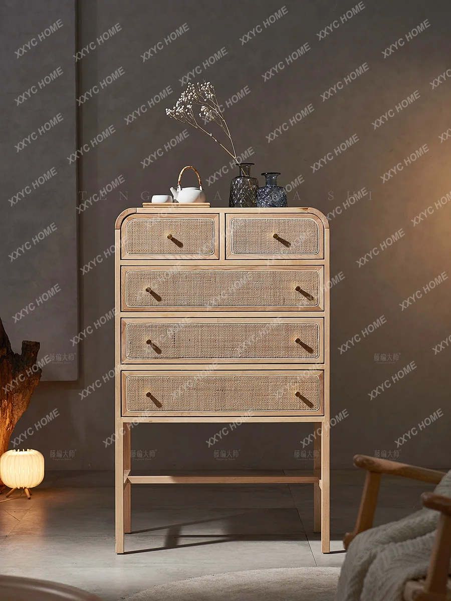 

Rattan Chest of Drawers Living Room Entrance High Leg Entrance Cabinet Five Buckets Storage Organizer Side Cabinet