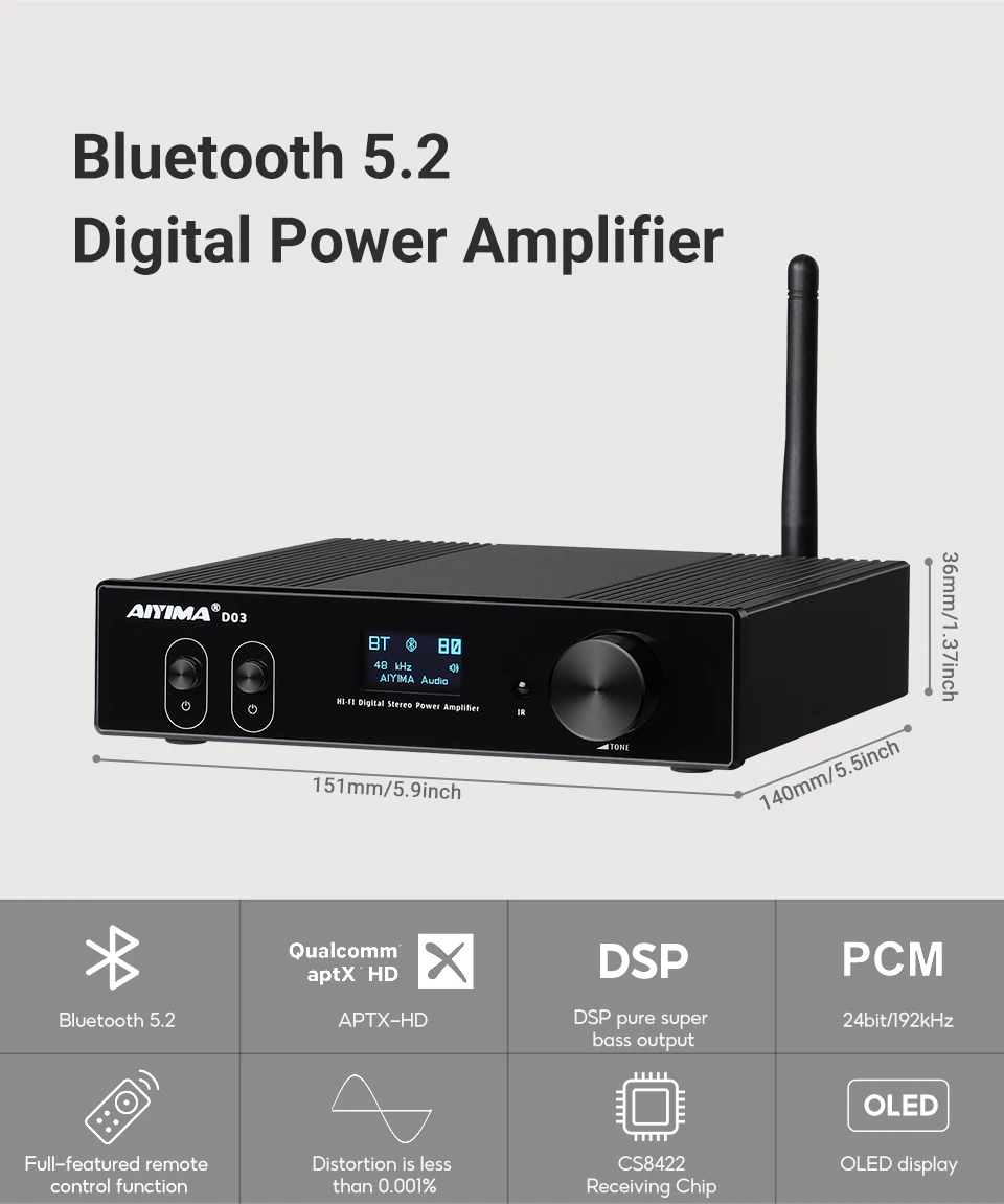 Aiyima audio d03 bluetooth 5,0 verstärker 2,1 wx2 stereo hifi drahtlose digitale sound leistung subwoofer verstärker usb dac aptx – Detail 6
