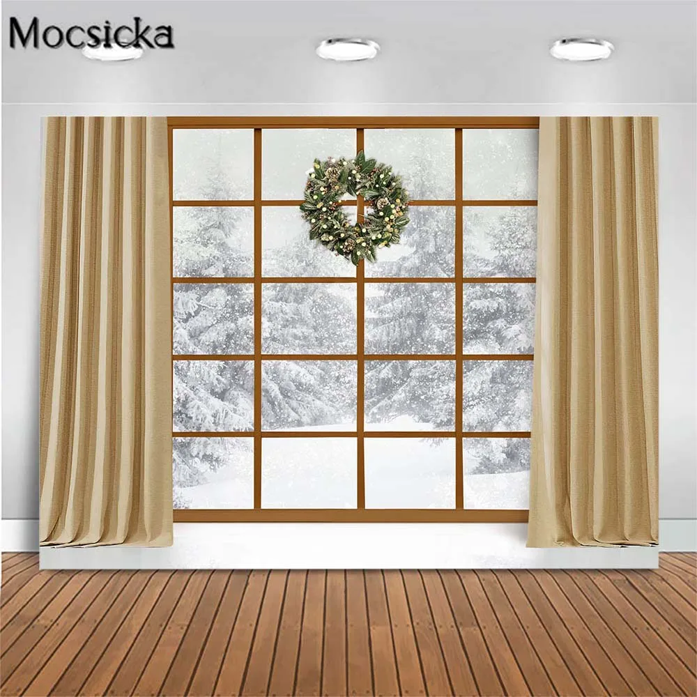 

Mocsicka Wooden Window Curtain Christmas Wreath Photo Background Winter Snowy Forest Indoor Family Portrait Photo Shoot Backdrop