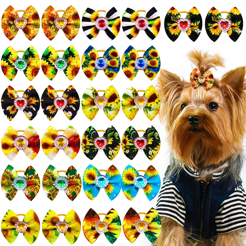 

60/120PCS Pet Dog Bows Rubber Band Polyester Sunflower Hairpins for York Dog Hair Accessories Puppy Supplies Free Shipping Items