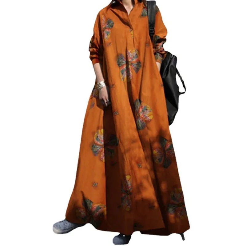 2024 Muslim Women's Clothing Spring New Elegant Abaya Printing Cotton Hemp Retro Ethnic Robe Loose Long Sleeved Large Hem Dress