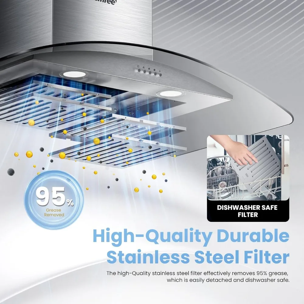 Curved Glass Range Hood,36 Inch,450 CFM ,3 Speed ,Gesture Sensing &Touch Control Panel ,Convertible ,Baffle Filters，2 LED Lights 2