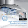 Curved Glass Range Hood,36 Inch,450 CFM ,3 Speed ,Gesture Sensing &Touch Control Panel ,Convertible ,Baffle Filters，2 LED Lights 2