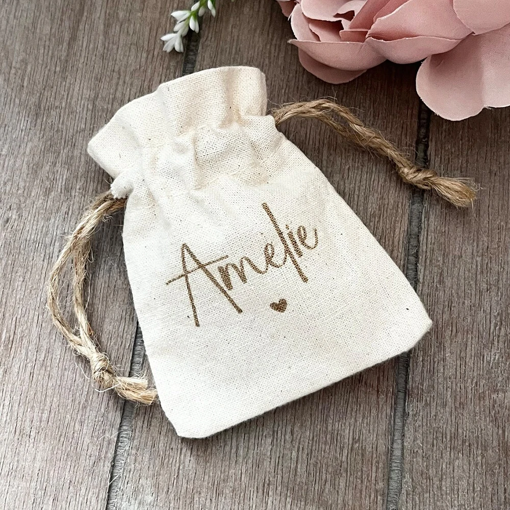 100pcs Personalized Logo Cotton Jewelry Bag with Jute Rope Nature Burlap Canvas Gift Bags for Makeup Dust Sack Jewelry Packaging