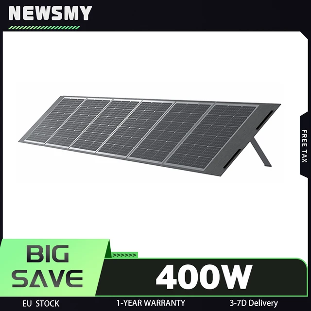Panneau solaire portable NEWSMY 400W, cellules BC à haute efficacité de 24,3 %, étanche IP65, sortie MC4/XT60/DC, design pliable, stabilité améliorée avec 6 béquilles intégrées, pour le camping, les camping-cars et l'alimentation d'urgence, compatible avec les stations d'alimentation 1