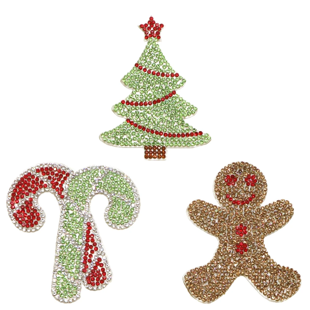 1 stücke funkelnden Strass Patch Weihnachts baum Krücke Eisen auf Nähen Kristall Applikation für Jeans Kleidung Dekorationen