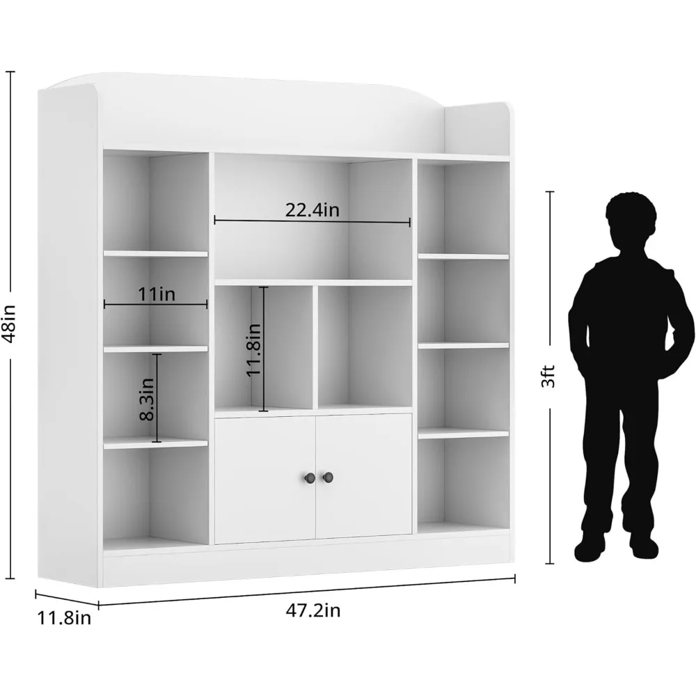 White Kids Bookshelf, Kids Bookcase with 11 Cubbies and 2 Cabinets, Freestanding Book Storage Shelves for Bedroom, Playroom 2