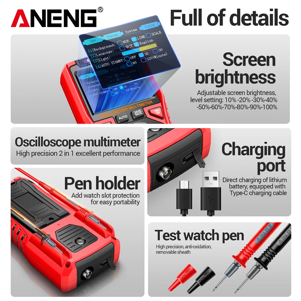 ANENG AOS04 Digital Oscilloscope Smart Multimeter 50MS/s Sampling Rate 10Mhz Bandwidth Support Waveform Storage Tester Tool
