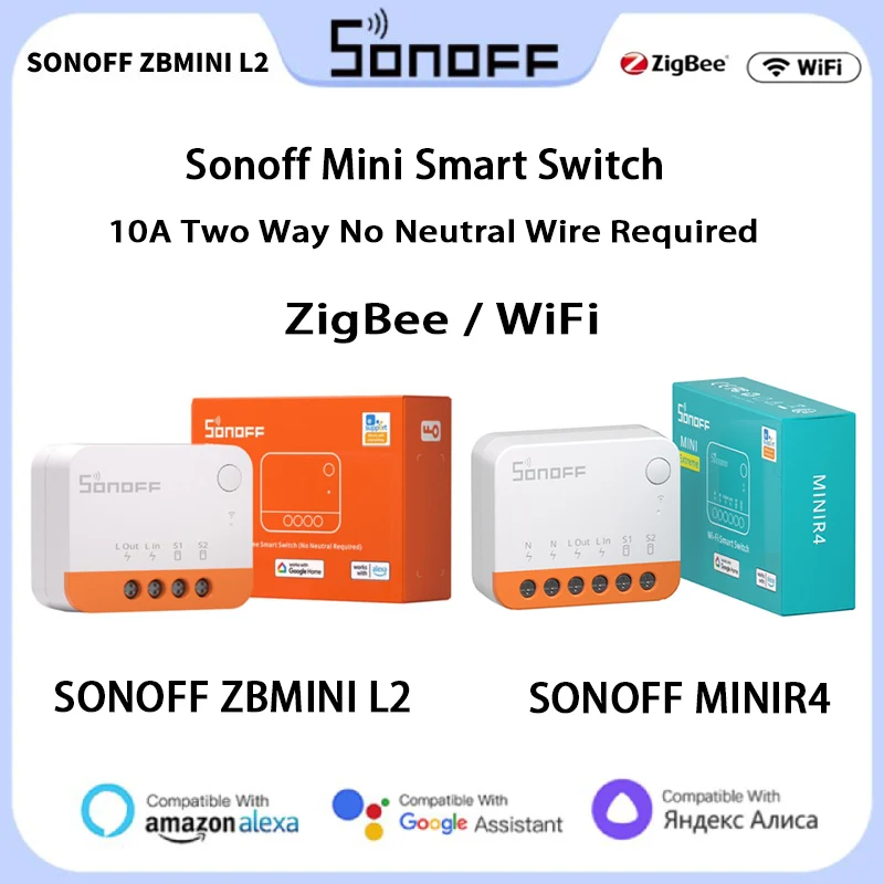 

SONOFF ZBMINI L2 /MINIR4 Zigbee/WiFi Smart Switch 1-Gang Two-Way Remote Control With eWeLink APP Alexa Google Assistent Alice