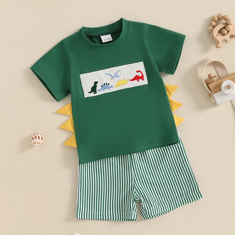 Lioraitiin Toddler Baby Boy Shorts Set Whale/Dinosaur/Turtle Short Sleeve T-shirts Striped Elastic Waist Shorts Summer Outfit 2