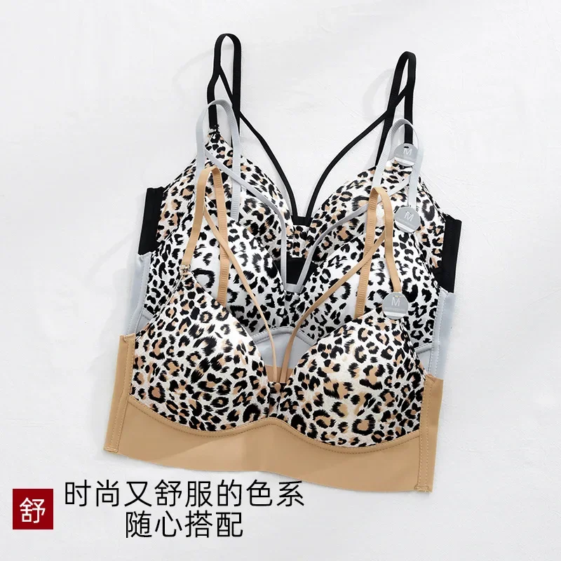 

Autumn Leopard Print Ice Silk Underwear Women's Seamless Bra Without Underwire Suspenders With Chest Pad Heart Bottom Beauty