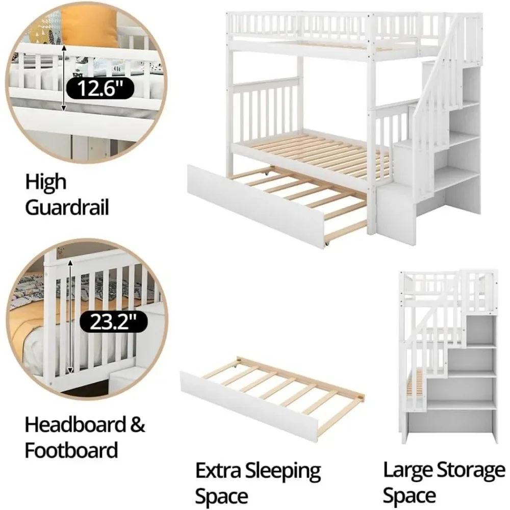 Bunk Beds Twin Over Twin Bunk Bed with Twin Trundle & Staircases, Wood Bunk Bed Frame with Safety Rails,  Kid Bed 3