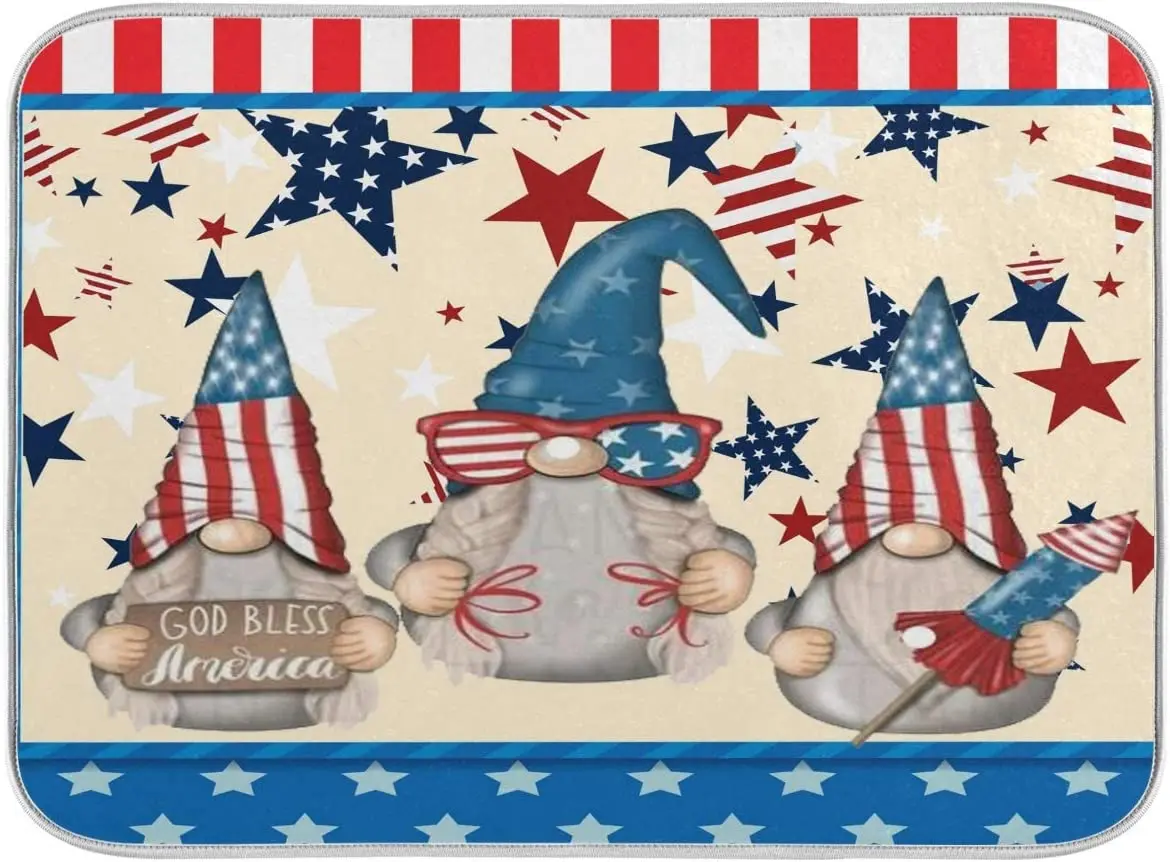 

American Flag Gnome Dish Drying Mat for Kitchen Memorial Independence Day 4th of July God Bless America Dishes Pad Rack Mats