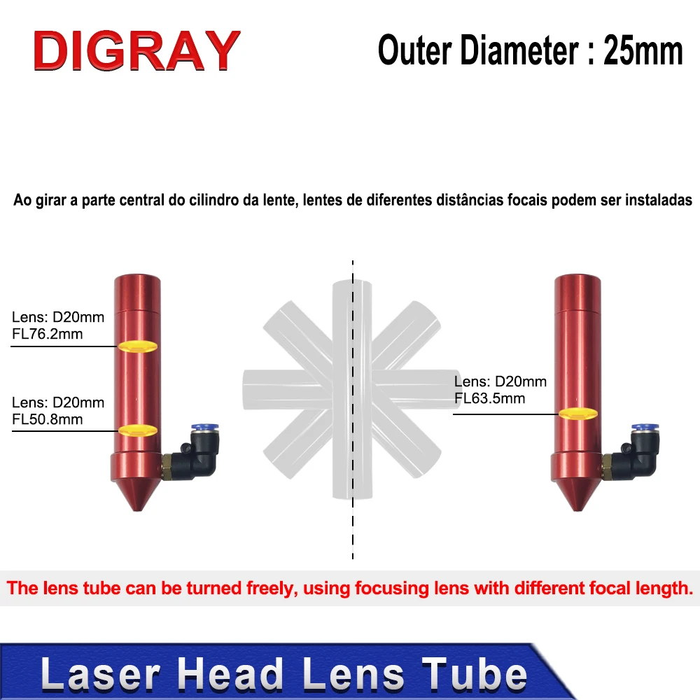 DIGRAY Co2 Laser Head Tube Outer Dia 25mm is Suitable For Focusing Lens With Dia 20mm Focal Length 50.8/63.5/76.2mm.