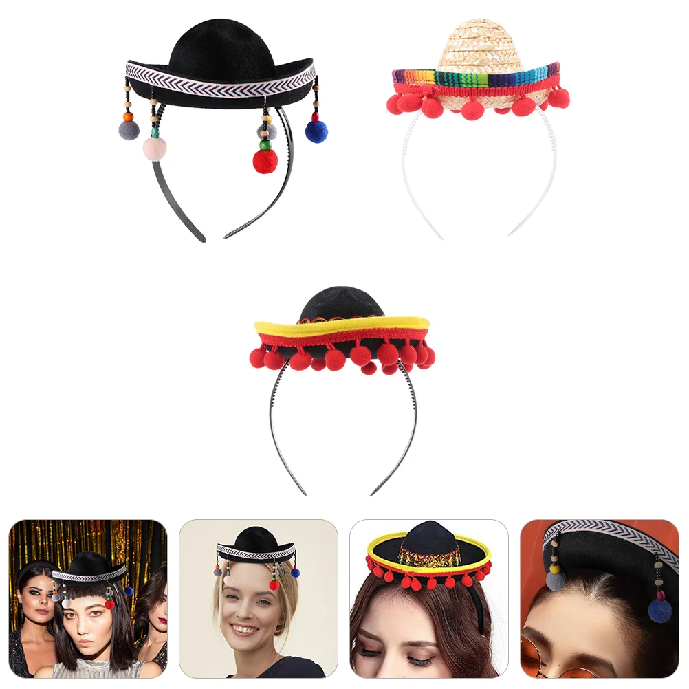 

3 Pcs Mexican Hat Party Hair Band Summer Hairband Festival Headdress Halloween Props Wide Brim