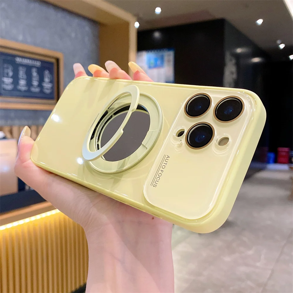 Rotating Magnetic Makeup Mirror Stand Phone Case with Lens Protection and Tempered Glass Back Cover