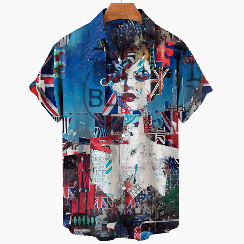 

2022 Men's Hawaiian Shirt Retro Abstract Character Graffiti Print Shirt Hip Hop Oversized Lapel Shirt for Men