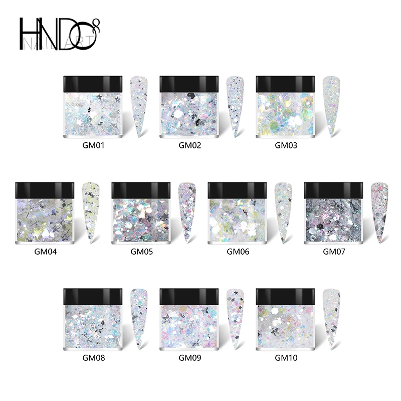 HNDO 10 Silver Colors Hexagon Flakes Sequin Nail Glitter Powder Sparkle Mermaid Nail Art for Professional Manicure Shiny Pigment